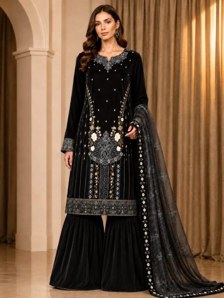 Lavish Black Heavy Velvet Embroidered Sequins Work Top Palazzo and Dupatta Set 