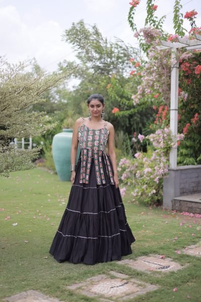 Lavish Black Premium Kora Cotton Lehenga Blouse Set with Kutchi Patchwork Navratri Lehnega Choli