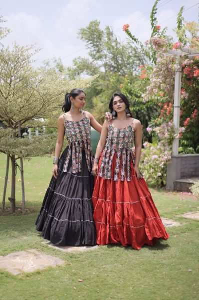 Lavish Black Premium Kora Cotton Lehenga Blouse Set with Kutchi Patchwork Navratri Lehnega Choli