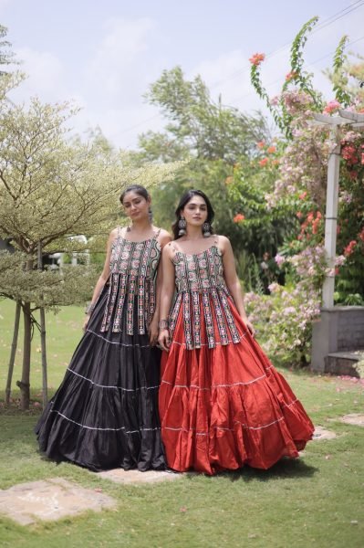 Lavish Black Premium Kora Cotton Lehenga Blouse Set with Kutchi Patchwork Navratri Lehnega Choli