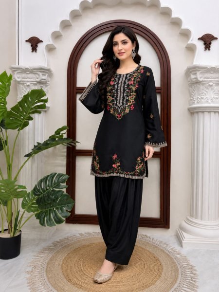 Lavish Black Rayon Farshi Salwar Set with Heavy Thread Work For Women Ready To Wear Suit