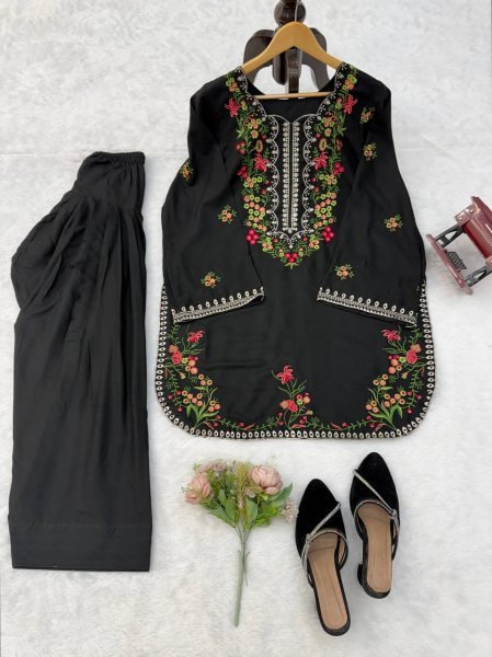 Lavish Black Rayon Farshi Salwar Set with Heavy Thread Work For Women Ready To Wear Collection