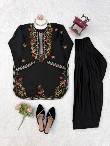 Lavish Black Rayon Farshi Salwar Set with Heavy Thread Work For Women Ready To Wear Collection