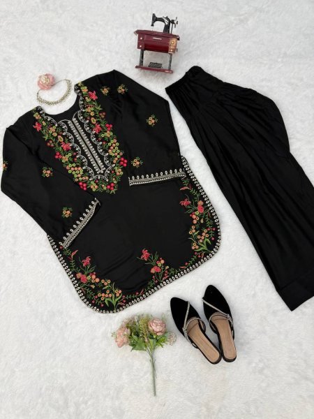 Lavish Black Rayon Farshi Salwar Set with Heavy Thread Work For Women Ready To Wear Collection