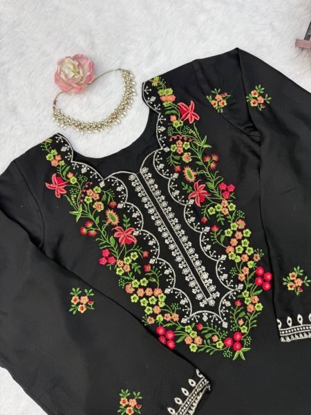 Lavish Black Rayon Farshi Salwar Set with Heavy Thread Work For Women Ready To Wear Collection