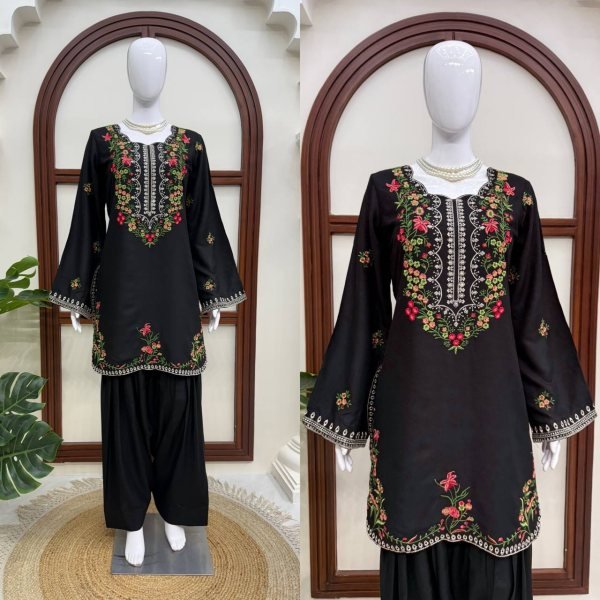 Lavish Black Rayon Farshi Salwar Set with Heavy Thread Work For Women Ready To Wear Collection