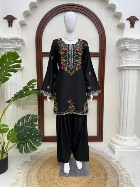 Lavish Black Rayon Farshi Salwar Set with Heavy Thread Work For Women Ready To Wear Collection