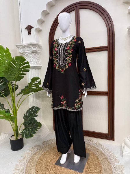 Lavish Black Rayon Farshi Salwar Set with Heavy Thread Work For Women Ready To Wear Collection