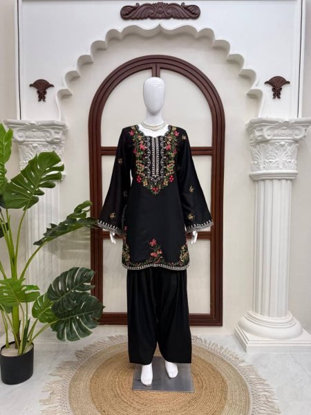 Lavish Black Rayon Farshi Salwar Set with Heavy Thread Work For Women Ready To Wear Collection