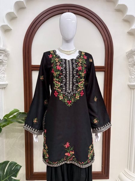 Lavish Black Rayon Farshi Salwar Set with Heavy Thread Work For Women Ready To Wear Collection