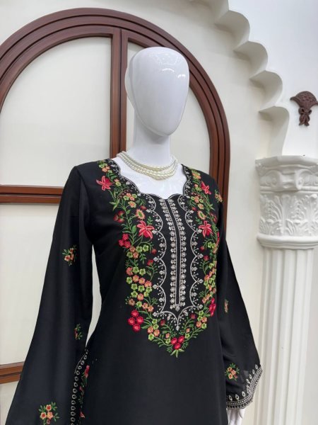 Lavish Black Rayon Farshi Salwar Set with Heavy Thread Work For Women Ready To Wear Collection
