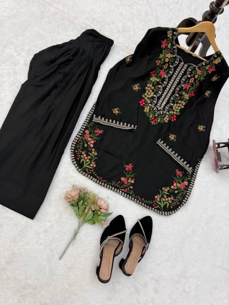 Lavish Black Rayon Farshi Salwar Set with Heavy Thread Work For Women Ready To Wear Collection