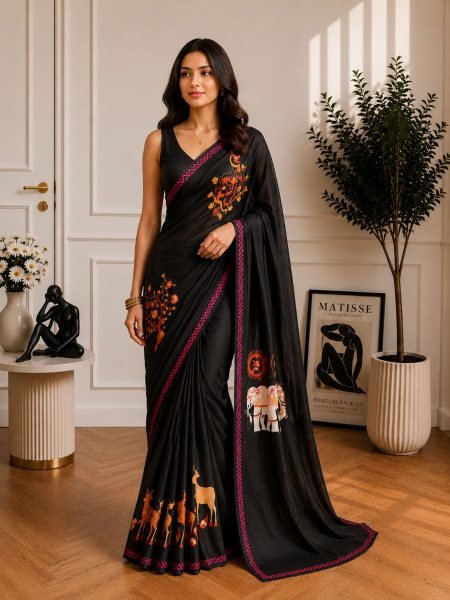 Lavish Black Soft Chinon Fabric Saree with Artistic Digital Warli Print and Designer Blouse Sarees 