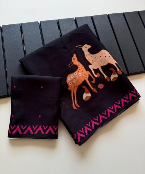 Lavish Black Soft Chinon Fabric Saree with Artistic Digital Warli Print and Designer Blouse Silk Sarees Wholesale