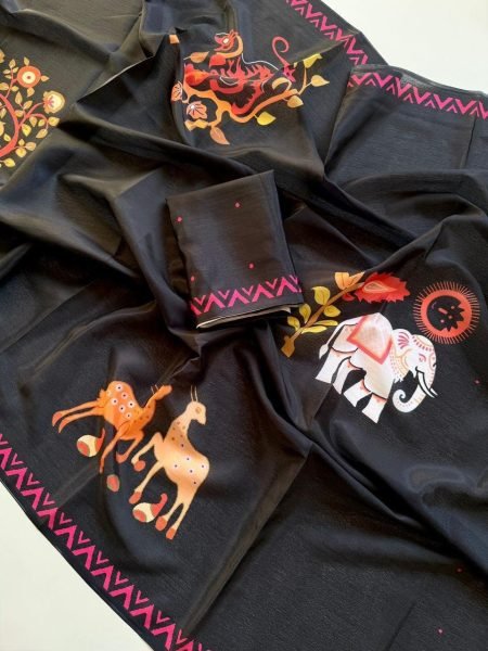 Lavish Black Soft Chinon Fabric Saree with Artistic Digital Warli Print and Designer Blouse Silk Sarees Wholesale
