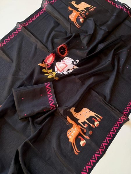 Lavish Black Soft Chinon Fabric Saree with Artistic Digital Warli Print and Designer Blouse Silk Sarees Wholesale