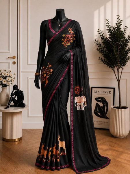 Lavish Black Soft Chinon Fabric Saree with Artistic Digital Warli Print and Designer Blouse Silk Sarees Wholesale