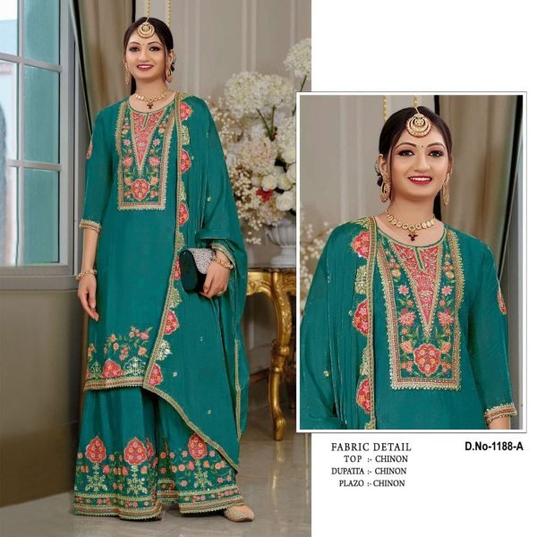 Lavish Blue Chinon Embroidery  Work 3 Piece Suit for for Functional Wear at Wholesale Rate Designer Plazzo Salwar Suits Wholesale
