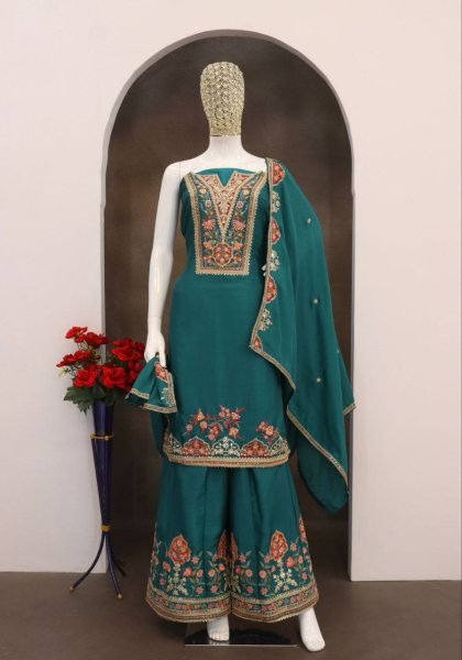 Lavish Blue Chinon Embroidery  Work 3 Piece Suit for for Functional Wear at Wholesale Rate Designer Plazzo Salwar Suits Wholesale