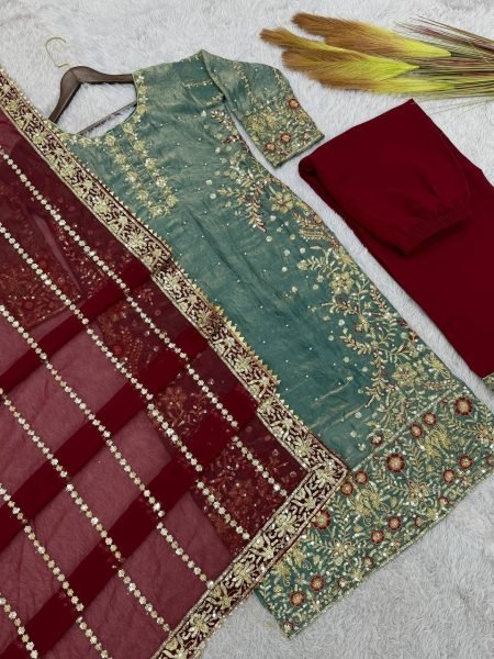 Lavish Blue Salwar Suit With Dupatta in Fendy Silk With Sequence Embroidery Work Ready To Wear Collection