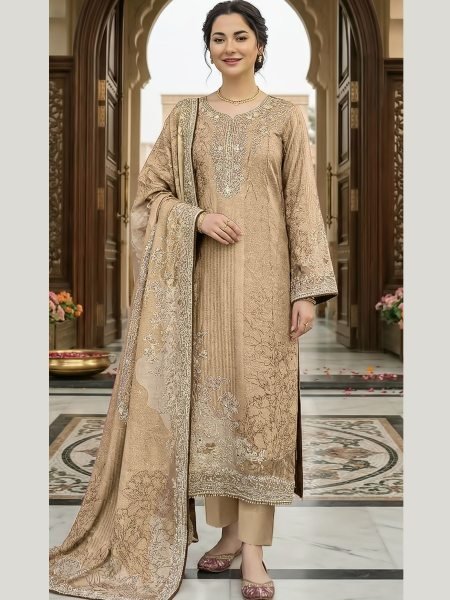 Lavish Cream Designer Maslin Digital Print Suit Set with Viscose Rayon Bottom Wear Salwar Kameez
