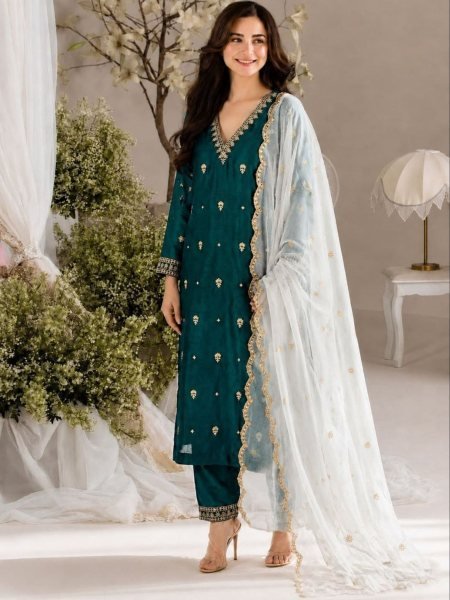 Lavish Dark Green Vichitra Silk Kurti Pant Dupatta Set with Embroidery Work 