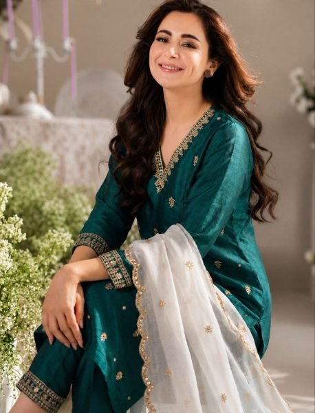 Lavish Dark Green Vichitra Silk Kurti Pant Dupatta Set with Embroidery Work Embroidery Kurtis 