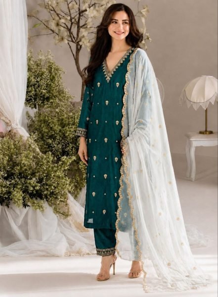 Lavish Dark Green Vichitra Silk Kurti Pant Dupatta Set with Embroidery Work Embroidery Kurtis 