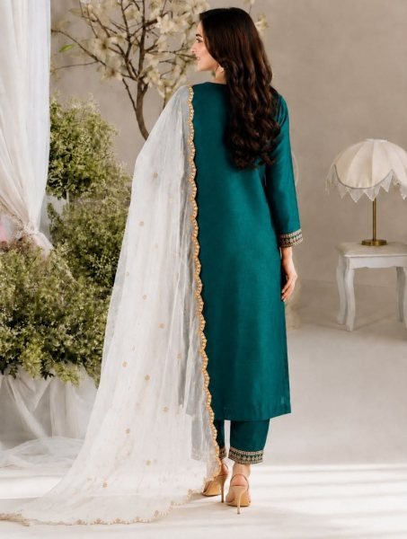 Lavish Dark Green Vichitra Silk Kurti Pant Dupatta Set with Embroidery Work Embroidery Kurtis 
