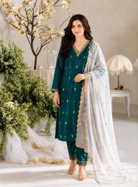 Lavish Dark Green Vichitra Silk Kurti Pant Dupatta Set with Embroidery Work Embroidery Kurtis 