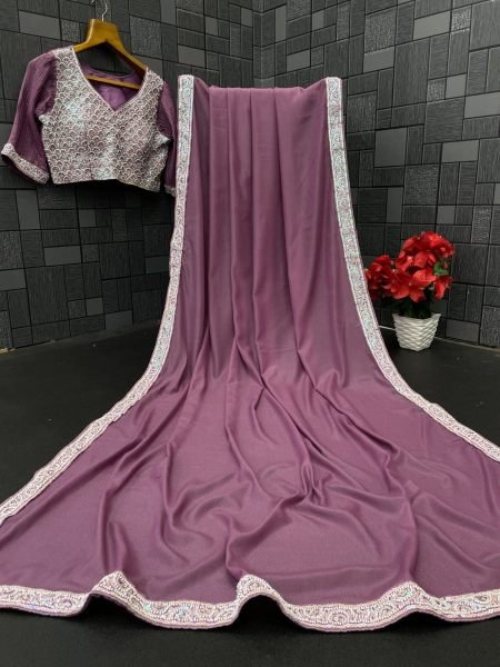 Lavish Dusty Mauve Chocolate Silk Designer Saree with Beads Embroidery Work For Party  