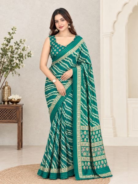 Lavish Green Cotton Slub Printed Saree with Pearl Work Border For Festival Sarees 