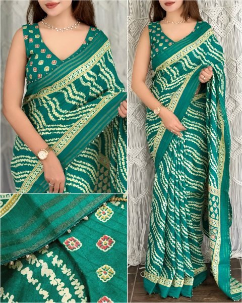 Lavish Green Cotton Slub Printed Saree with Pearl Work Border For Festival Printed Cotton Sarees Wholesale