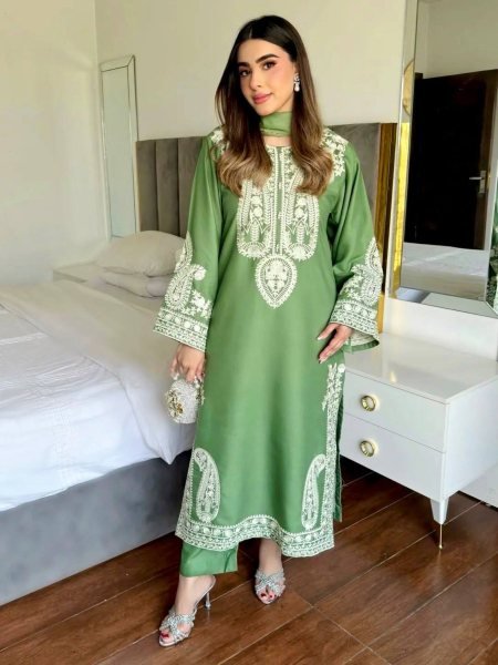 Lavish Green Elegant Nylon Organza Silk Suit for Festive Wear Ready To Wear Suit