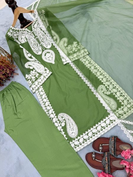 Lavish Green Elegant Nylon Organza Silk Suit for Festive Wear Ready To Wear Collection