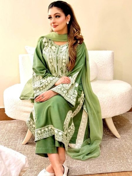 Lavish Green Elegant Nylon Organza Silk Suit for Festive Wear Ready To Wear Collection
