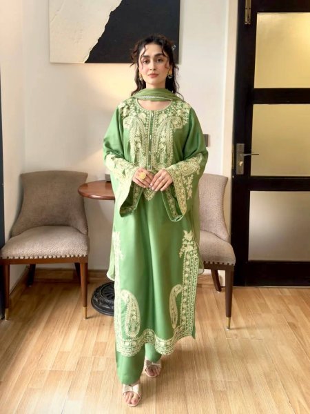 Lavish Green Elegant Nylon Organza Silk Suit for Festive Wear Ready To Wear Collection
