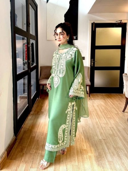 Lavish Green Elegant Nylon Organza Silk Suit for Festive Wear Ready To Wear Collection