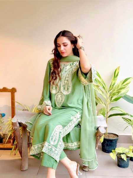 Lavish Green Elegant Nylon Organza Silk Suit for Festive Wear Ready To Wear Collection