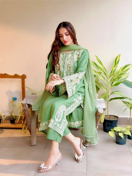 Lavish Green Elegant Nylon Organza Silk Suit for Festive Wear Ready To Wear Collection