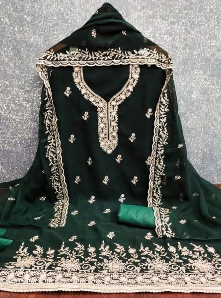 Lavish Green Georgette Zari Work Dress Material with Embroidery Finish Color Set Matching Dress Material Wholesale