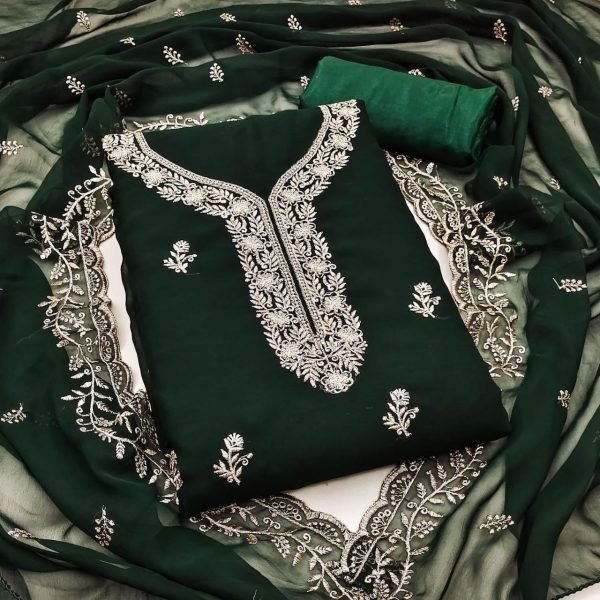 Lavish Green Georgette Zari Work Dress Material with Embroidery Finish Color Set Matching Dress Material Wholesale