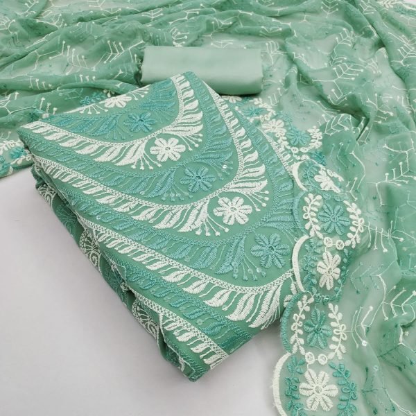 Lavish Green Party Wear Georgette Suit with Heavy Multi Siffly Embroidery Color Set Matching Dress Material Wholesale