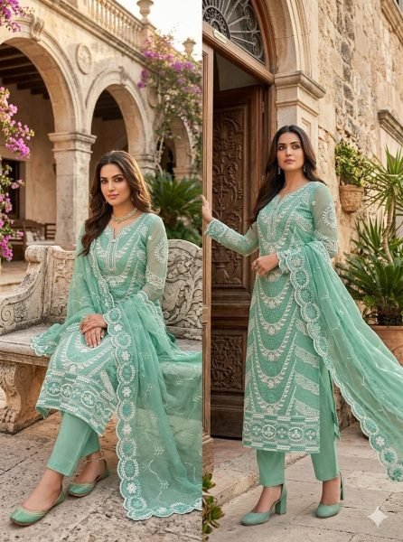 Lavish Green Party Wear Georgette Suit with Heavy Multi Siffly Embroidery Color Set Matching Dress Material Wholesale