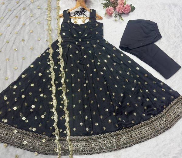 Lavish Heavy Embroidered Silk Gown Set with Pant   Net Dupatta for Party   Reception Wear Embroidery Kurtis 