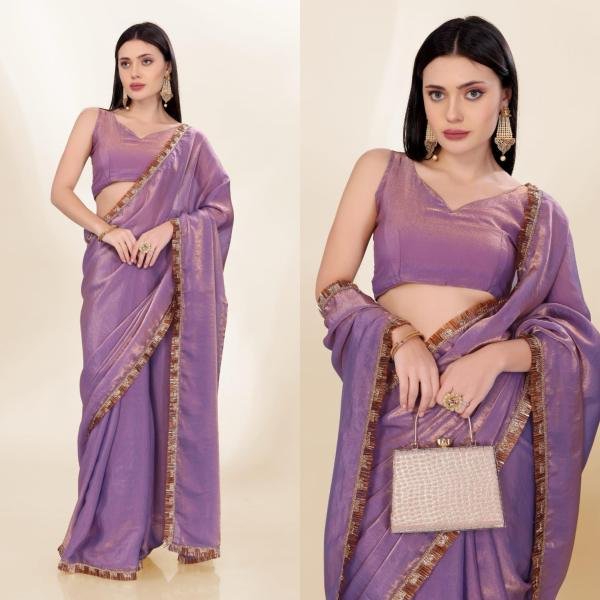 Lavish Lavender Color Fendi Silk With Embroidery Lace Broder and Blouse Manufacture Rates Silk Sarees Wholesale