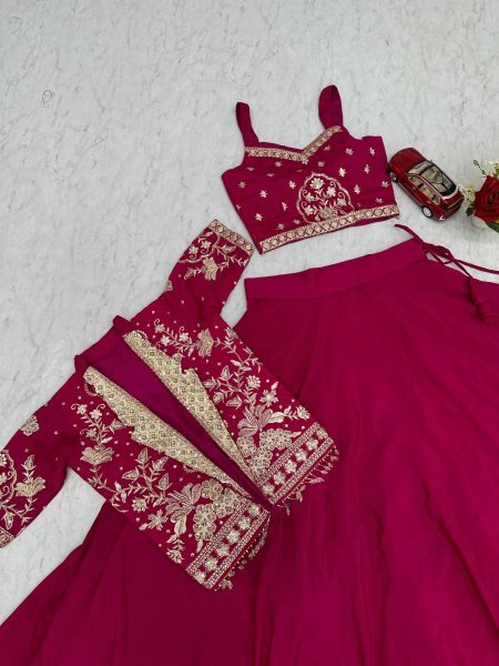 Lavish Magenta Chinon Embroidered Lehenga Choli with a matching jacket Designer Lehenga Choli