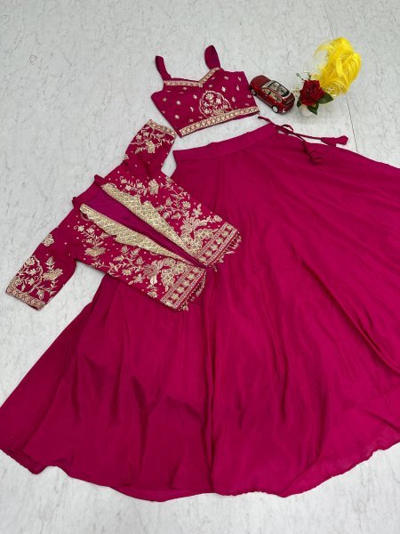 Lavish Magenta Chinon Embroidered Lehenga Choli with a matching jacket Designer Lehenga Choli