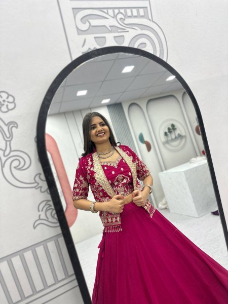 Lavish Magenta Chinon Embroidered Lehenga Choli with a matching jacket Designer Lehenga Choli