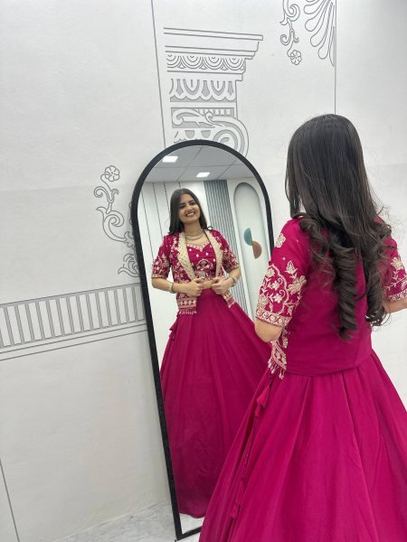 Lavish Magenta Chinon Embroidered Lehenga Choli with a matching jacket Designer Lehenga Choli
